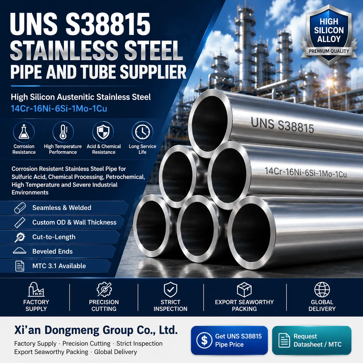 Pipa dan Tabung Stainless Steel UNS S38815|Pemasok Baja Tahan Karat Austenitik Silikon Tinggi